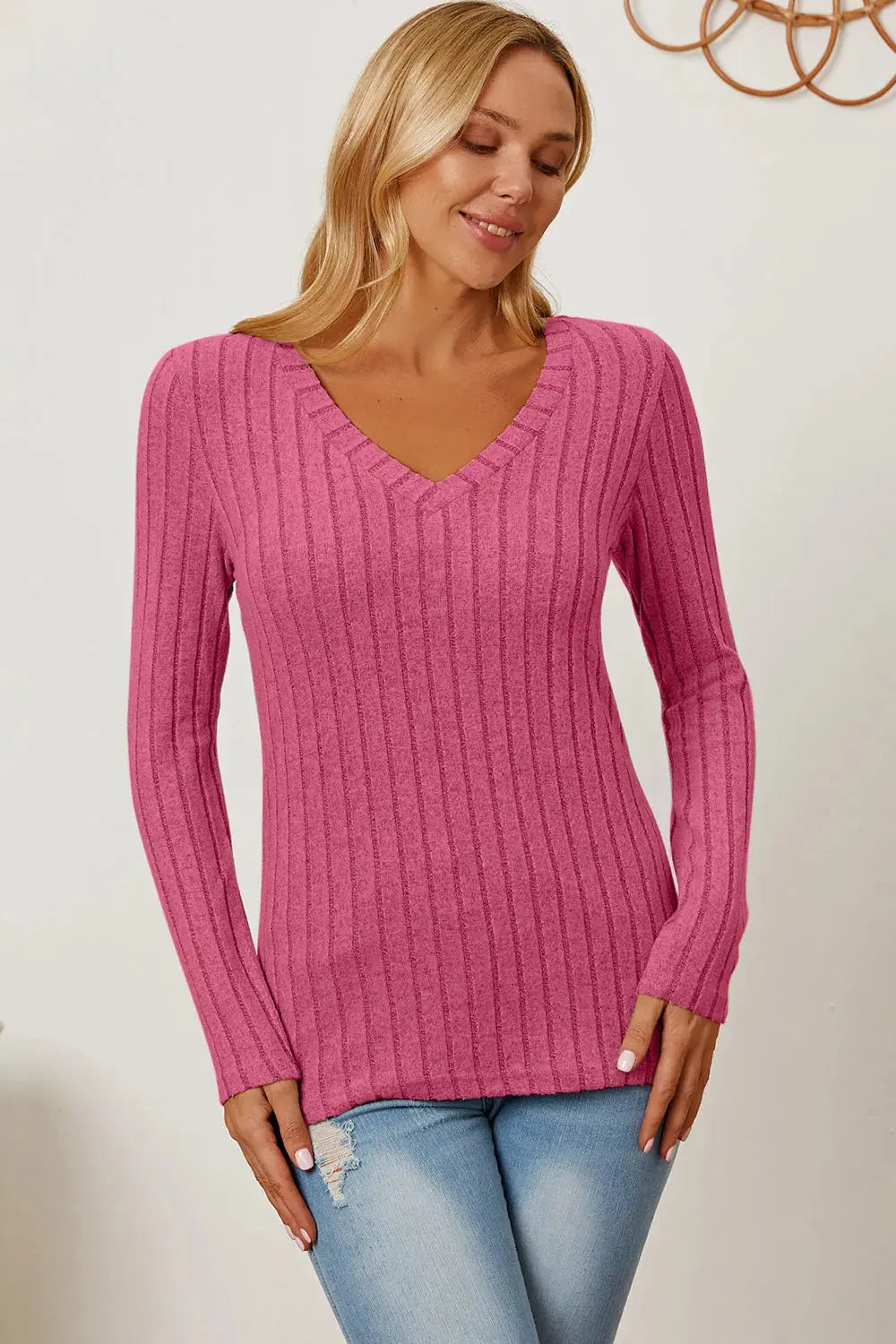 Basic Bae Full Size Ribbed V-Neck Long Sleeve T Shirt for Women