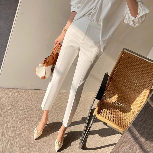 White Cropped Suit Pants High Waist Drooping Casual