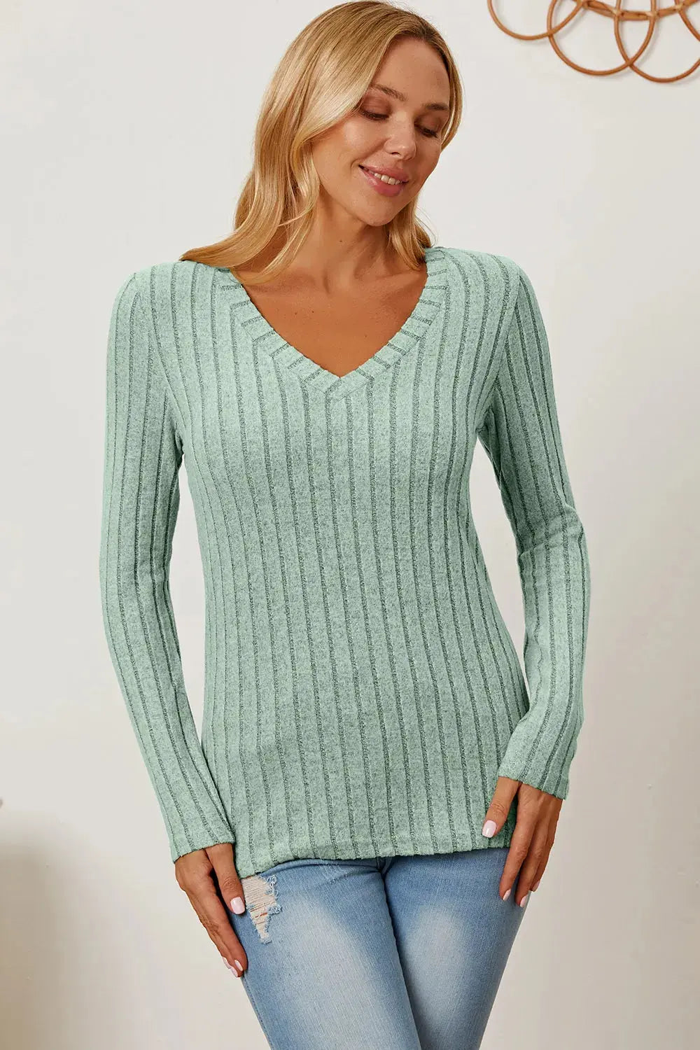 Basic Bae Full Size Ribbed V-Neck Long Sleeve T Shirt for Women