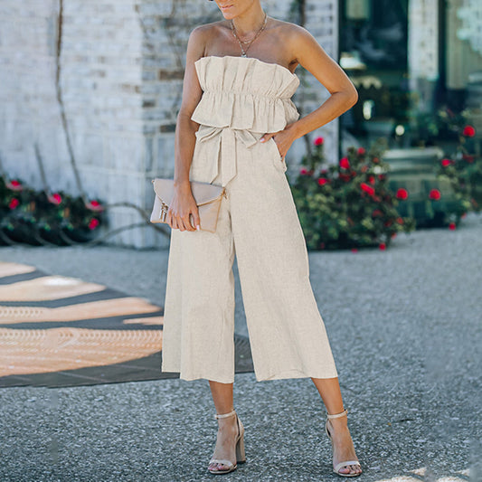 Sleeveless Pleated One-piece Ankle-length Pants