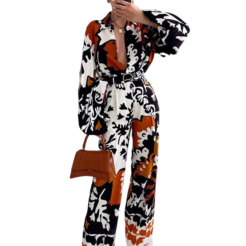 Color Contrast Printed Casual Two-piece Suit