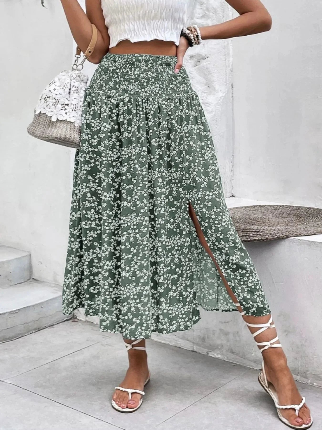Slit Smocked High Waist Floral Midi Skirt