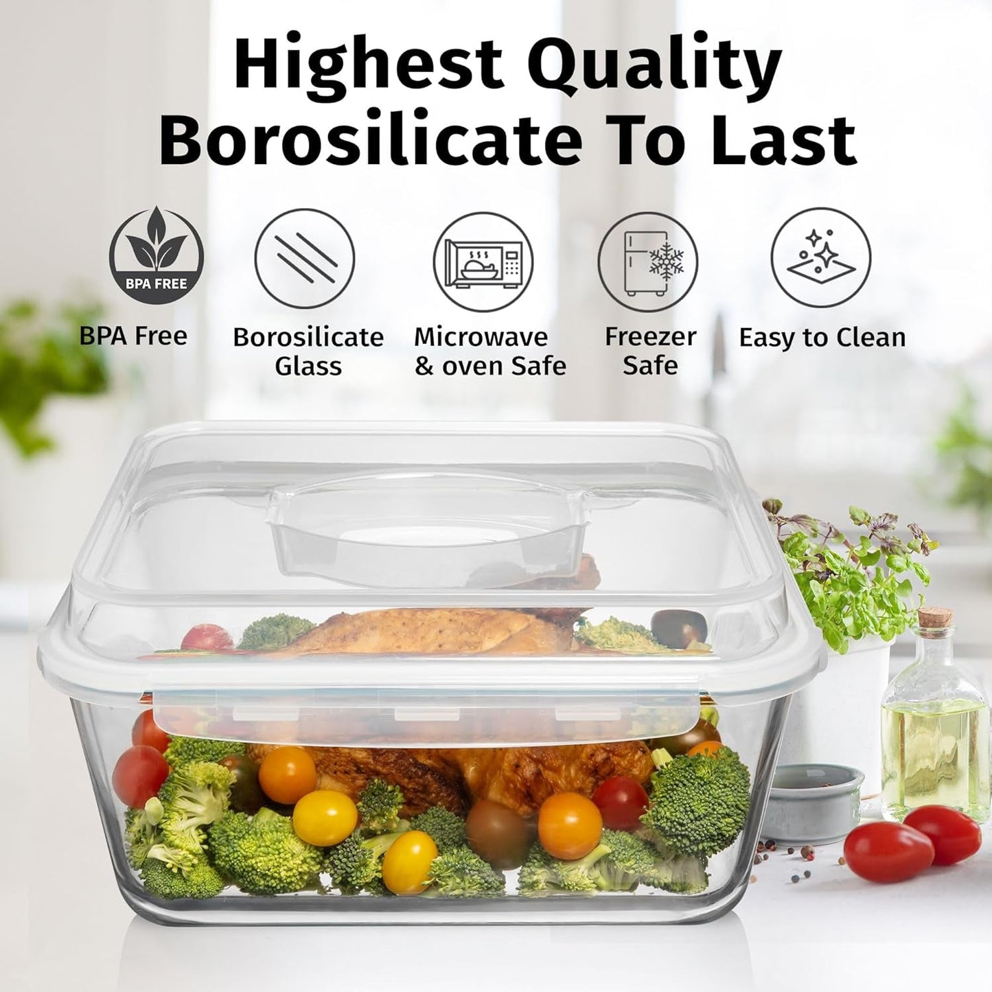 6500 ML / 220 Oz / 28 Cup LARGE Glass Food Storage Container with Airtight Locking Lid. Ideal Storing Food, Vegetables, Fruits. Baking Casserole, Lasagna, Roasting Turkey, Chicken BPA Free Oven Safe