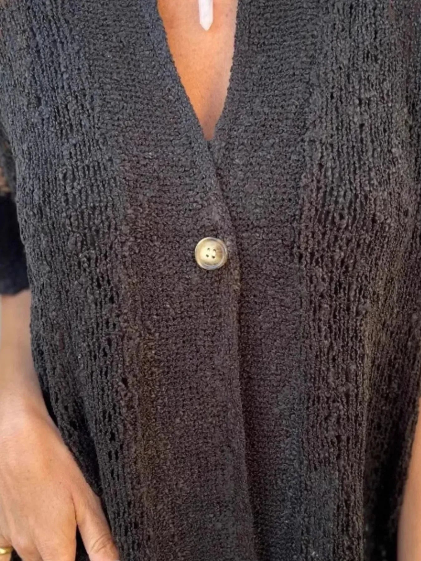Full Size Knit Openwork One Button Cardigan