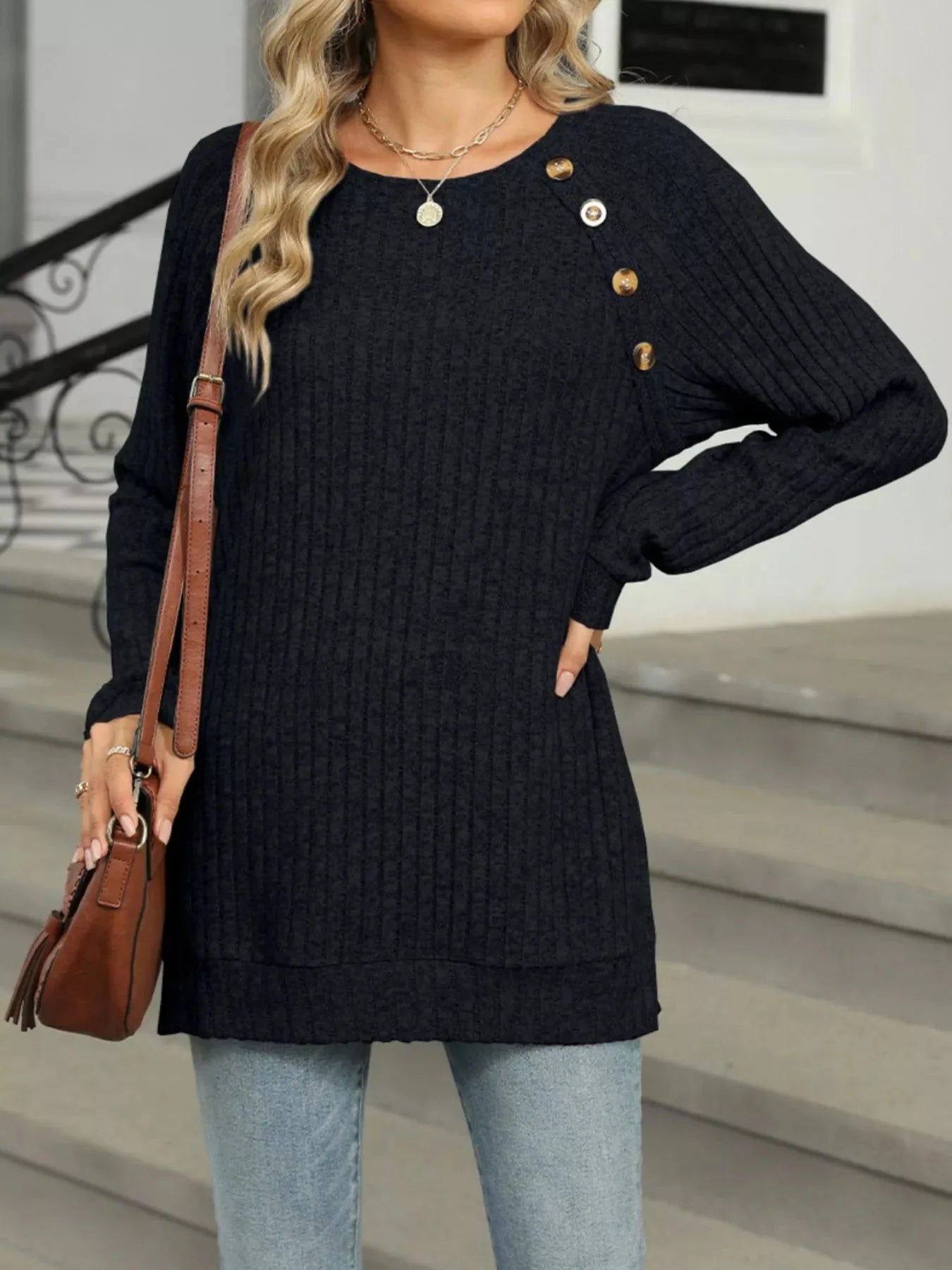 Cozy Chic Ribbed Button Detail Long Sleeve Tunic
