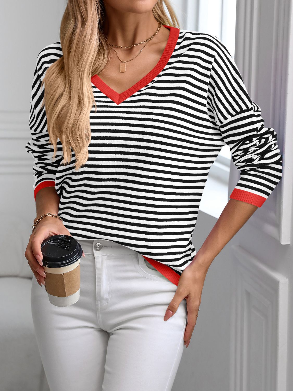 BrightStyle Contrast Trim Striped V-Neck Long Sleeve Knit Top – Comfortable Stretch Fabric