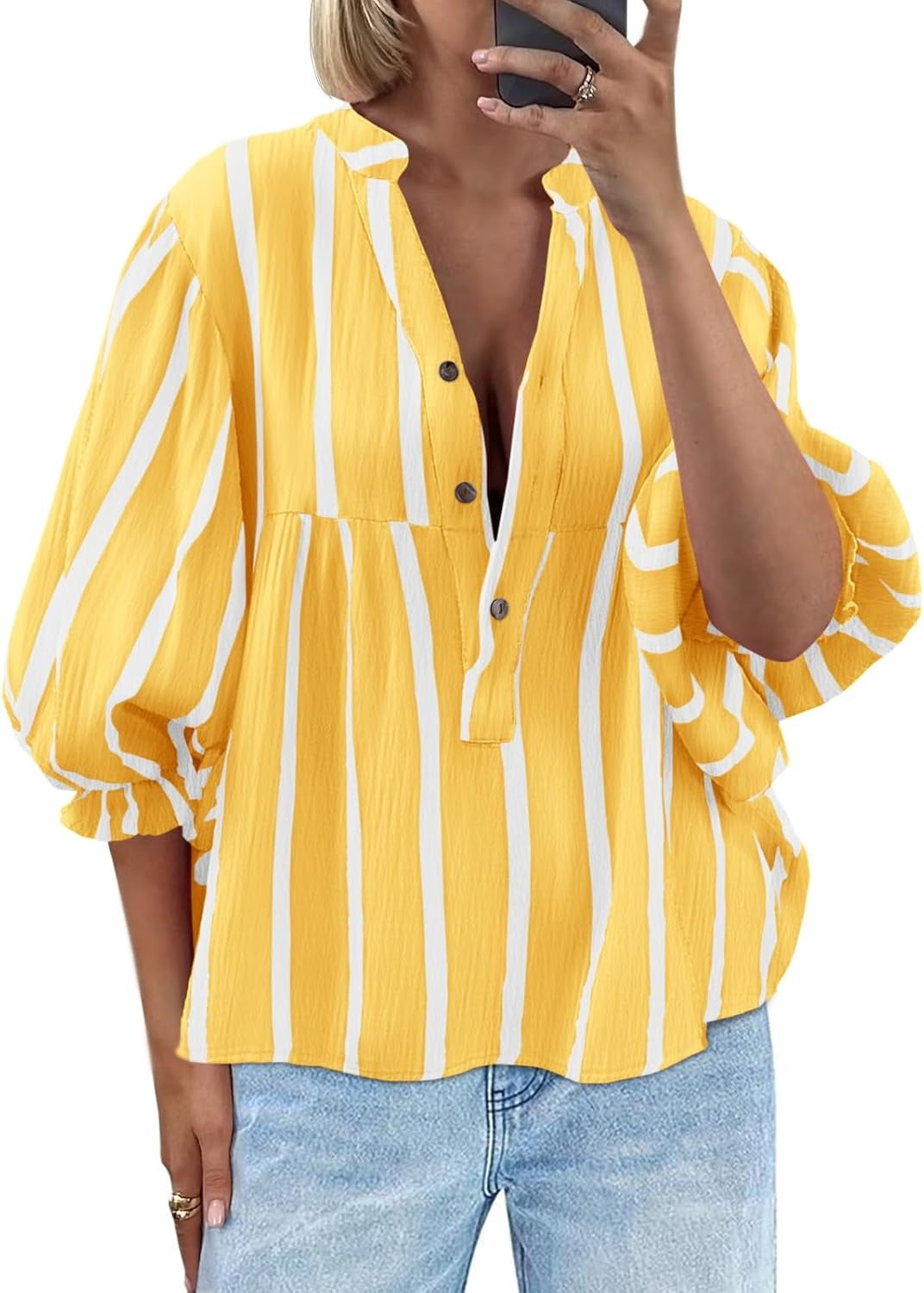 Women's Striped Shirt Puff Sleeve Loose Top
