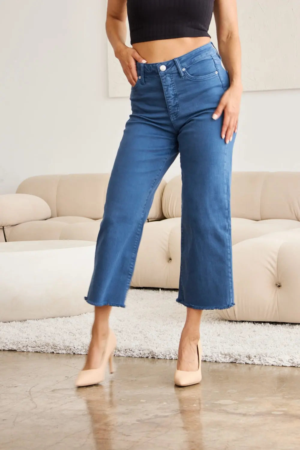 RFM Crop Full Size Tummy Control High Waist Raw Hem Jeans