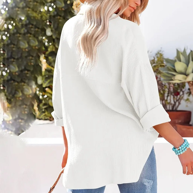 Women's Solid Color V-Neck Long Sleeve Blouse - Textured Button-Up Shirt, Casual & Minimalist Top For Spring&Fall