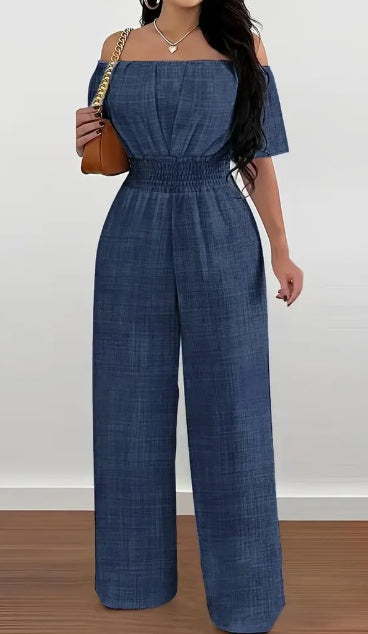 Elegant Off-Shoulder Short Sleeve Waist Cinch Jumpsuit Solid Color