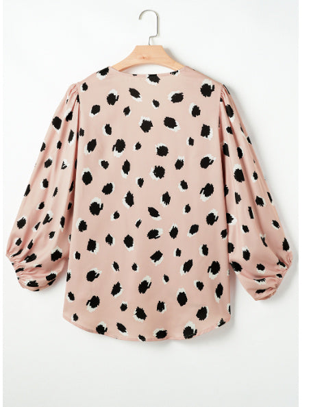 Khaki Classic Leopard V Neck Bracelet Sleeve Blouse