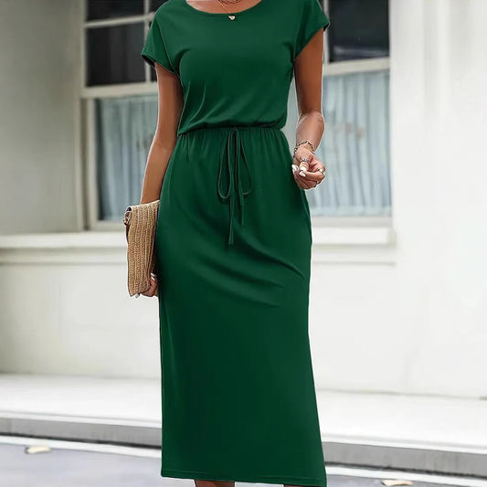 Casual Cinched Waist Slim-fit Round Neck Short Sleeve Dress