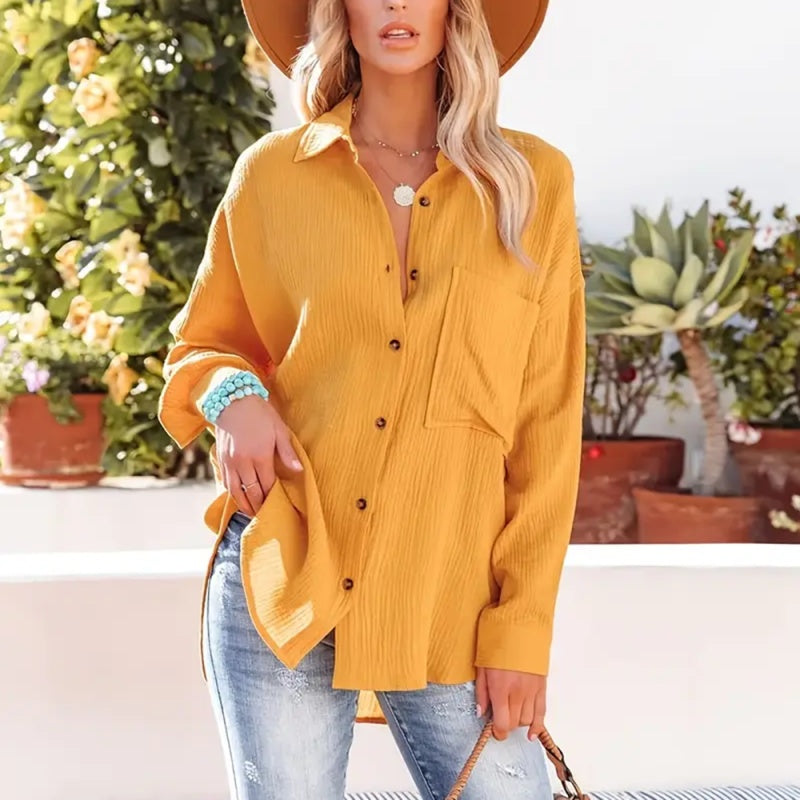 Women's Solid Color V-Neck Long Sleeve Blouse - Textured Button-Up Shirt, Casual & Minimalist Top For Spring&Fall