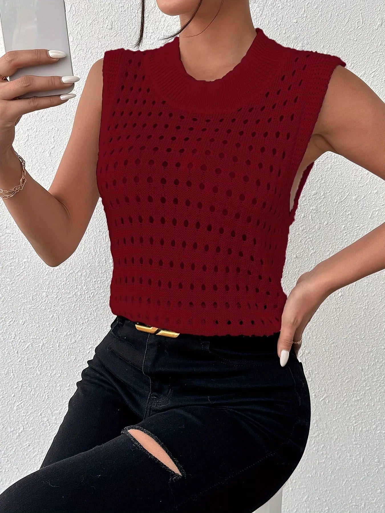 Hollow Out Round Neck Knit Sweater Tank