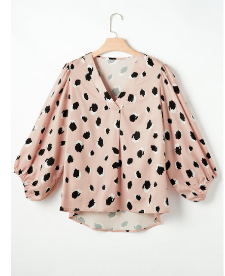Khaki Classic Leopard V Neck Bracelet Sleeve Blouse