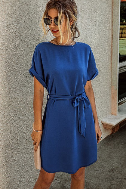 Solid Round Neck Tie Waist Belt Fit Dress