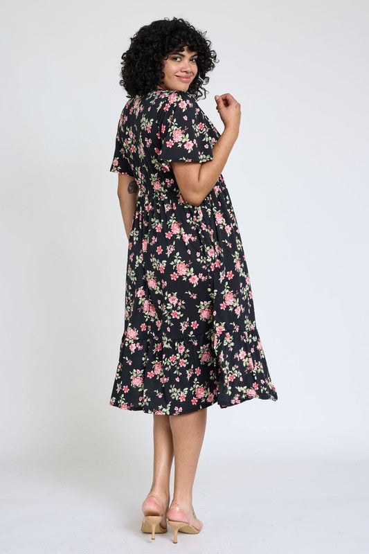 PLUS Floral Angel Sleeve Midi Dress