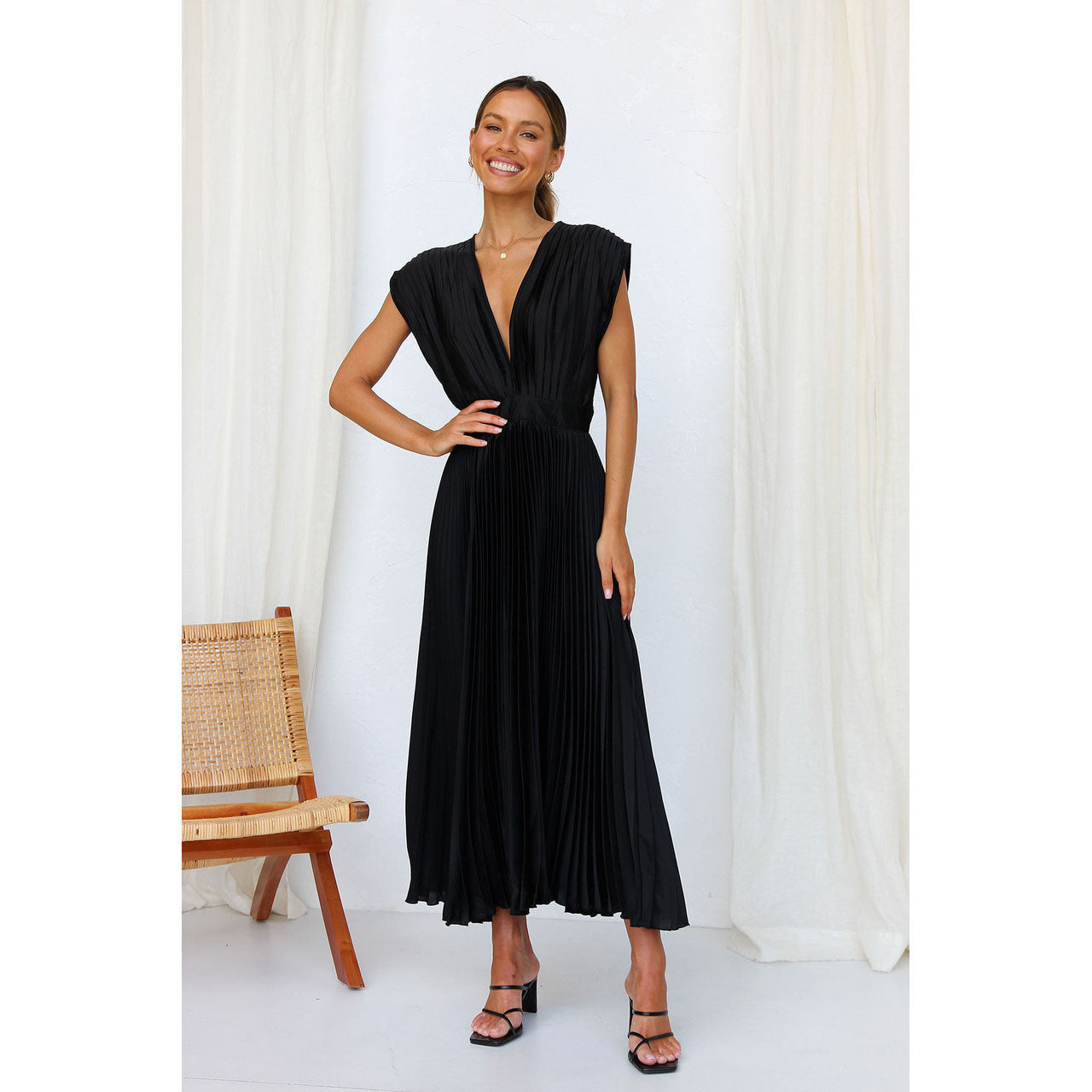 Elegant Pleated Casual Loose Zip Sleeveless Dress