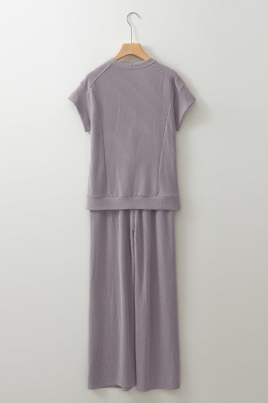 Solid Corded T-Shirt and Pants Set