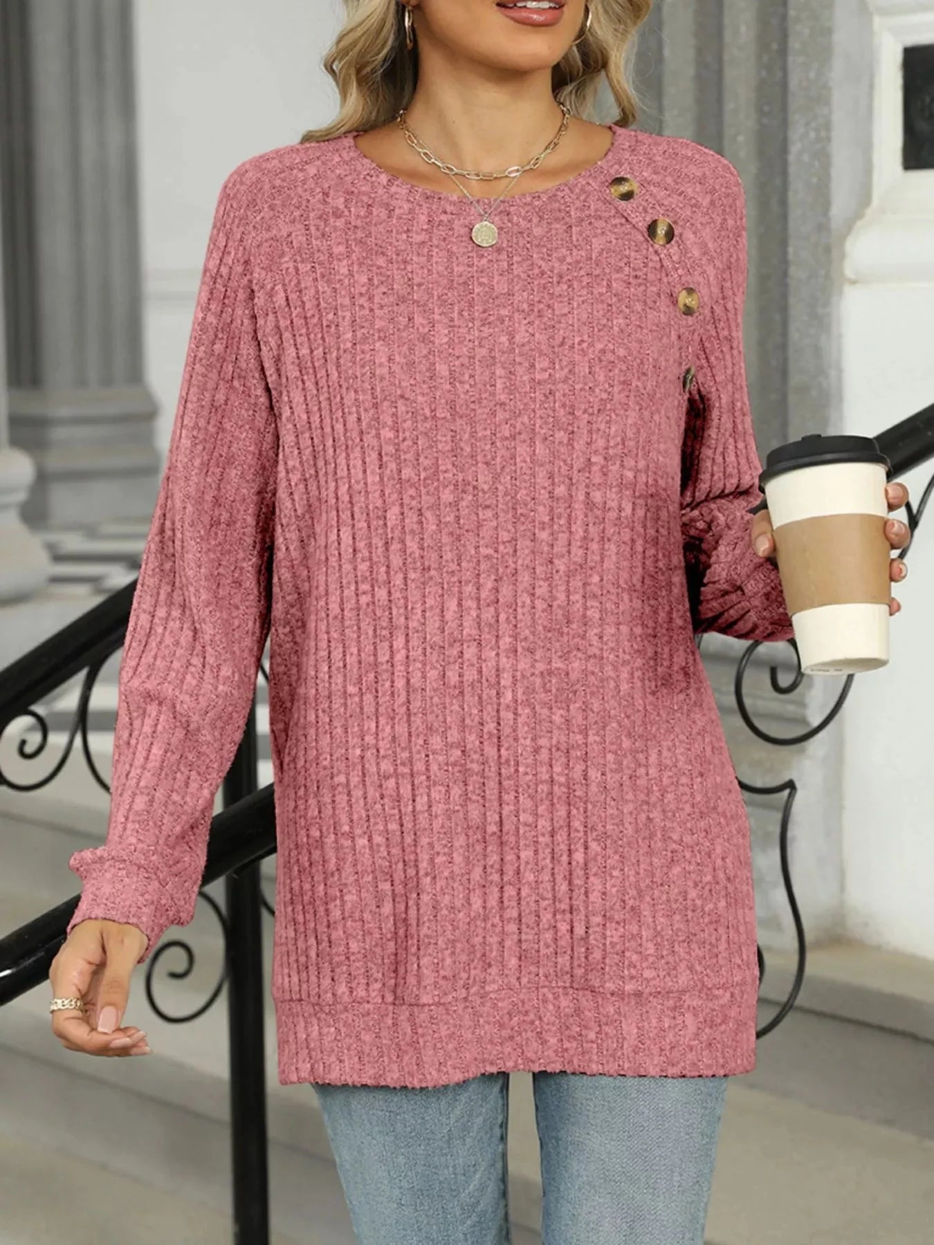 Cozy Chic Ribbed Button Detail Long Sleeve Tunic