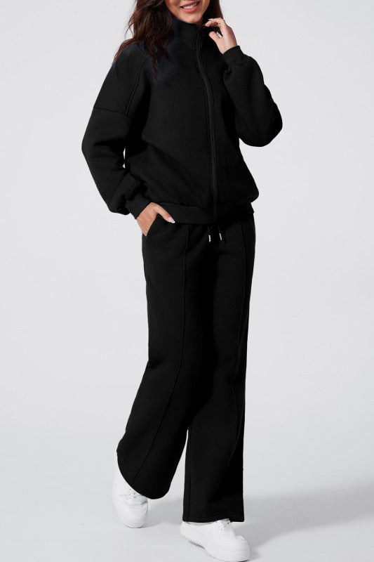 Solid Zip-Up Jacket and Drawstring Pants Set