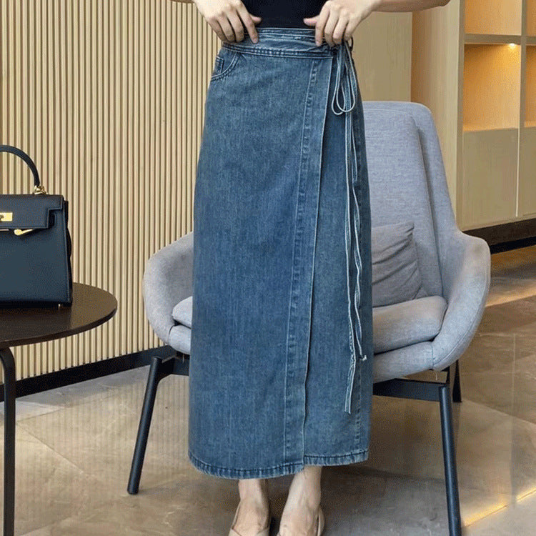 Women's Waist Slit Blue Denim Skirt