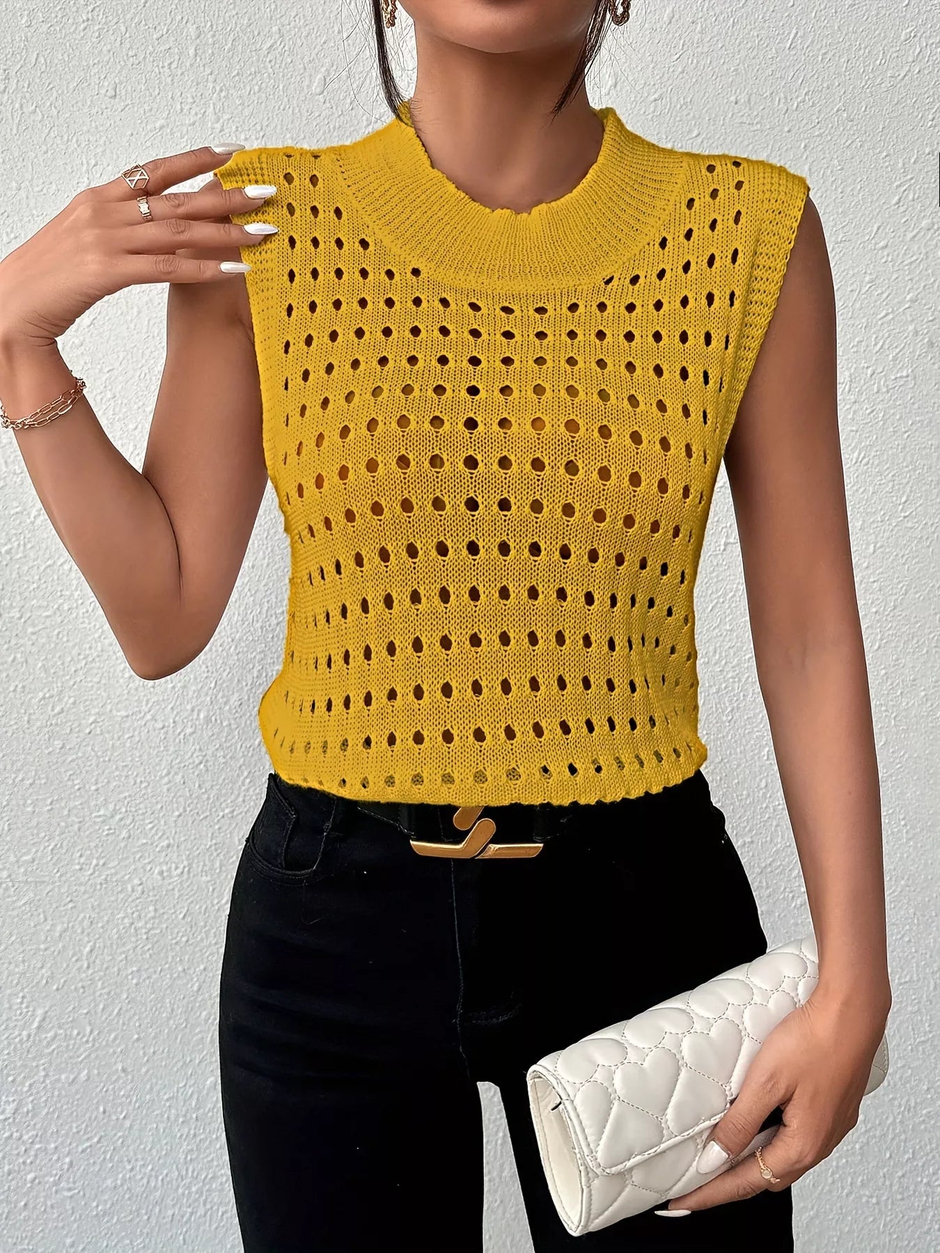 Hollow Out Round Neck Knit Sweater Tank