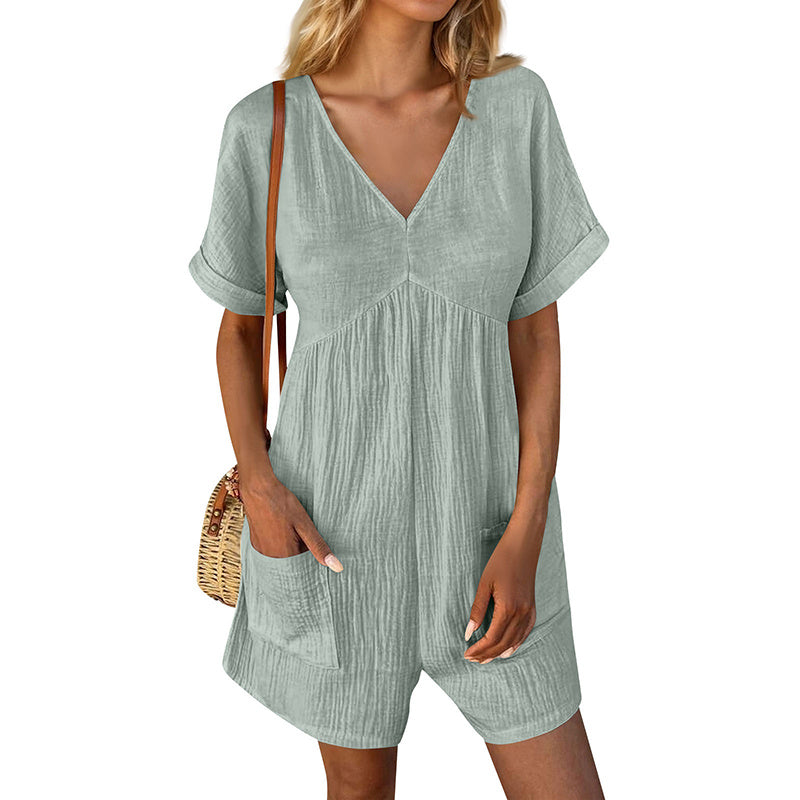 Womens Summer Romper Casual Short Sleeve V Neck Short Jumpsuits With Pockets
