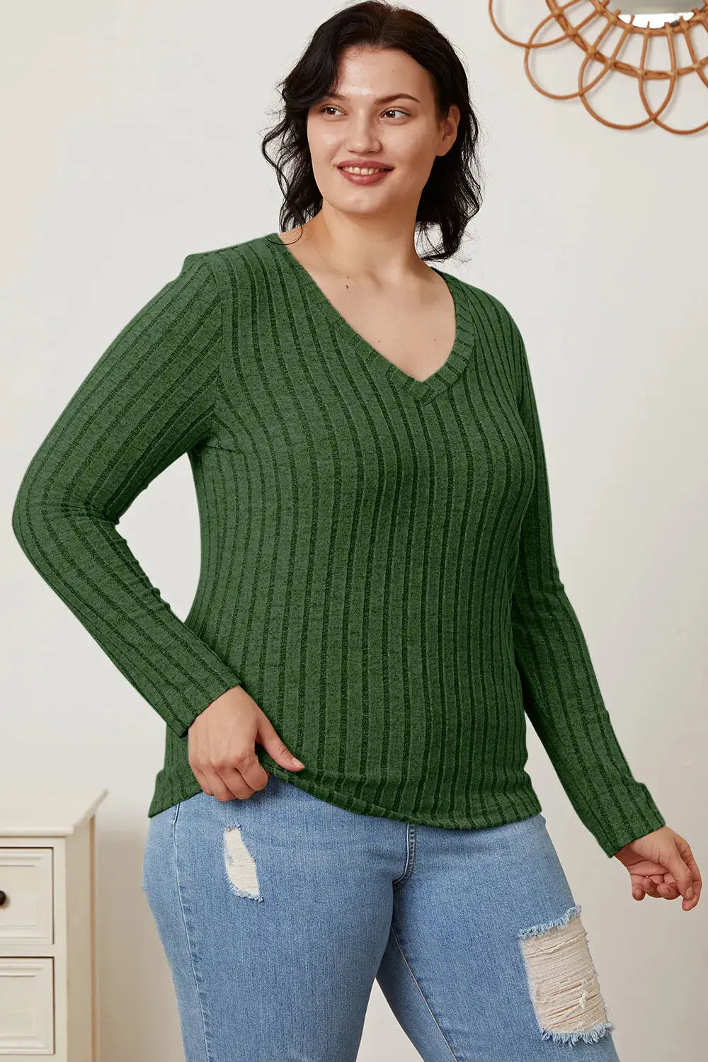 Basic Bae Full Size Ribbed V-Neck Long Sleeve T Shirt for Women