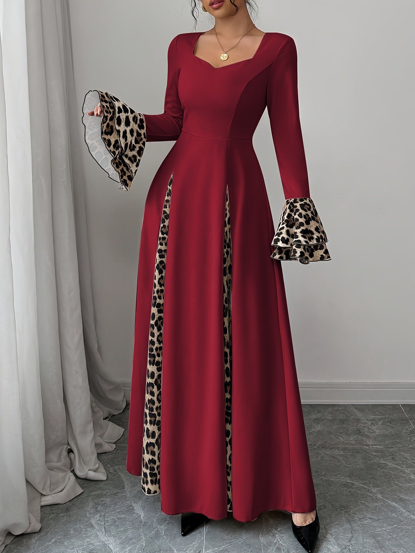 European And American Women's Clothing Leopard Print Contrast Color Long Dress
