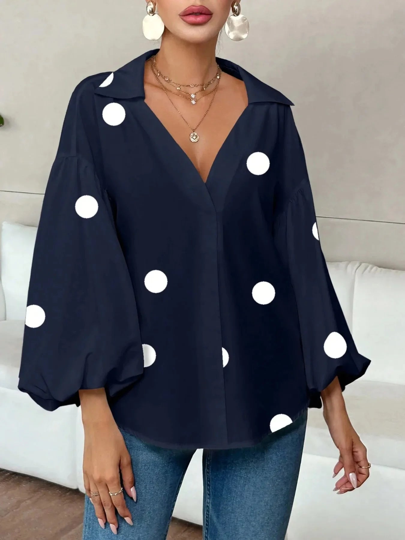 Oversized Polka Dot Balloon Sleeve Blouse