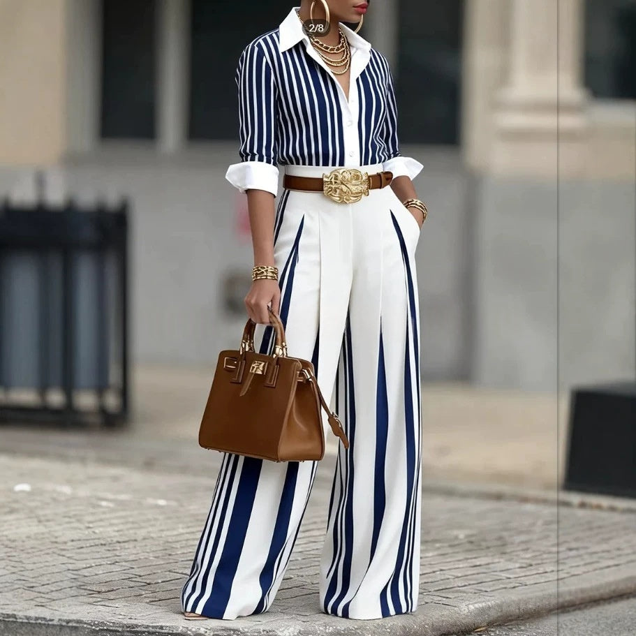 Striped Shirt And Vertical-striped Wide-leg Pants Set