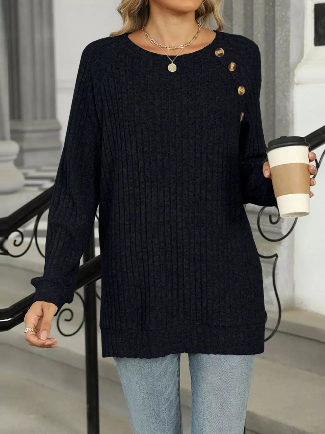 Cozy Chic Ribbed Button Detail Long Sleeve Tunic