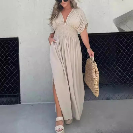 Bat-sleeved V-neck Slit  Elastic Waist Long Dress