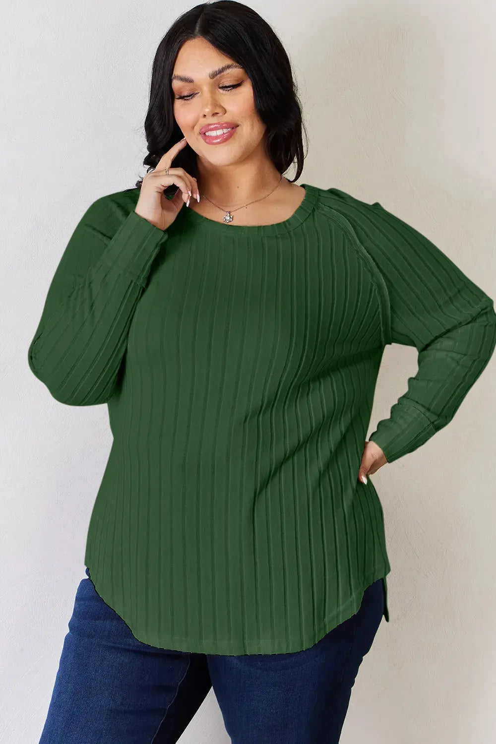 Basic Bae Ribbed Round Neck Slit Womens Long Sleeve T Shirt – Full & Plus Size
