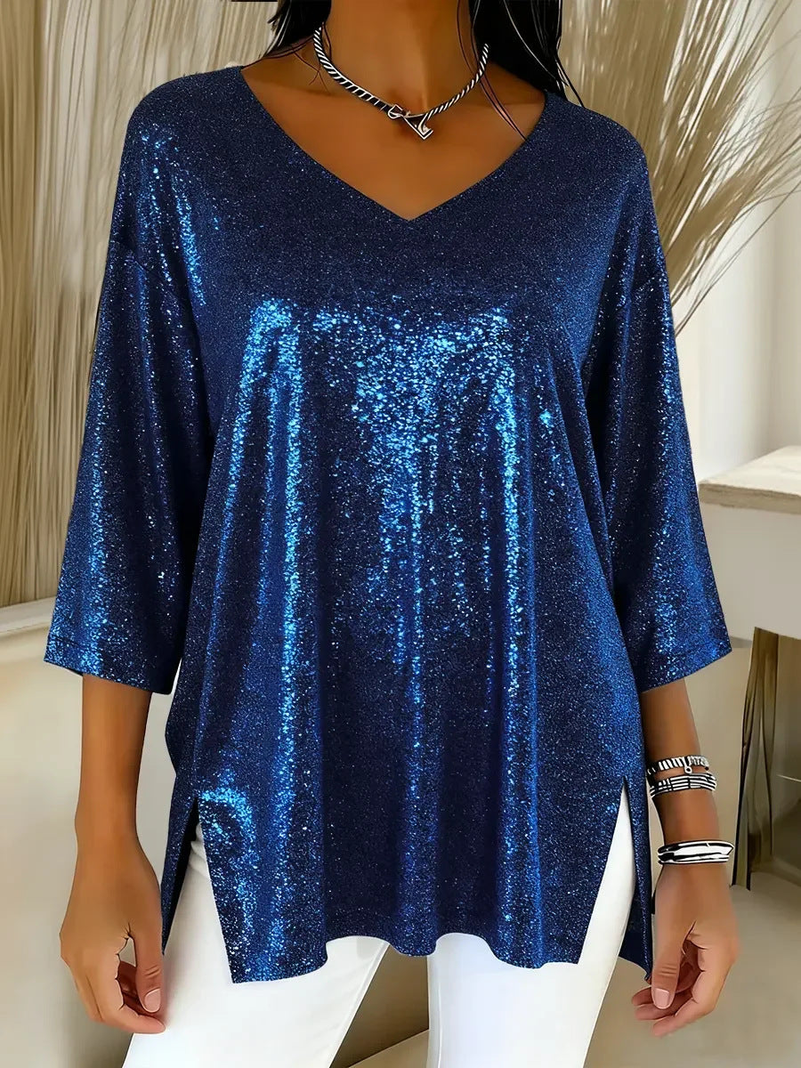 Womens Solid-Colored Loose V-Neck Cropped-Sleeve Split Top