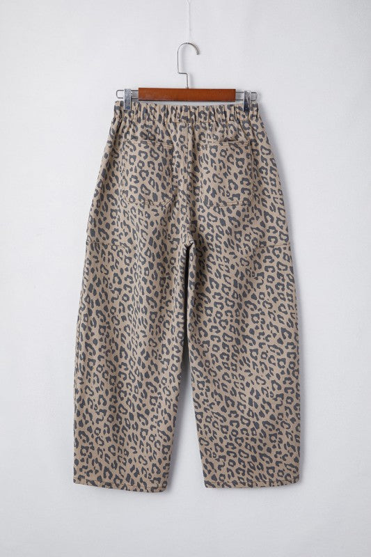 Leopard Drawstring Elastic Waist Pocketed Jeans