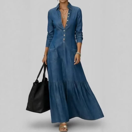 Street-style Vintage-collar Chic Denim High-end And Fashionable Fitted-waist Maxi Dress