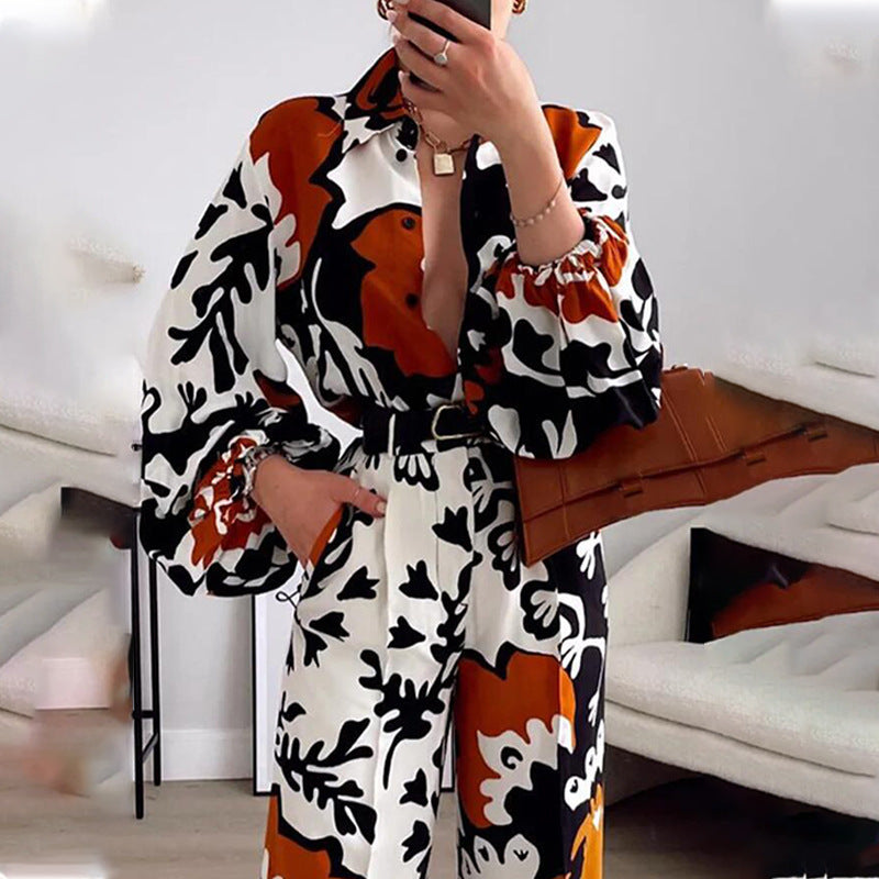 Color Contrast Printed Casual Two-piece Suit