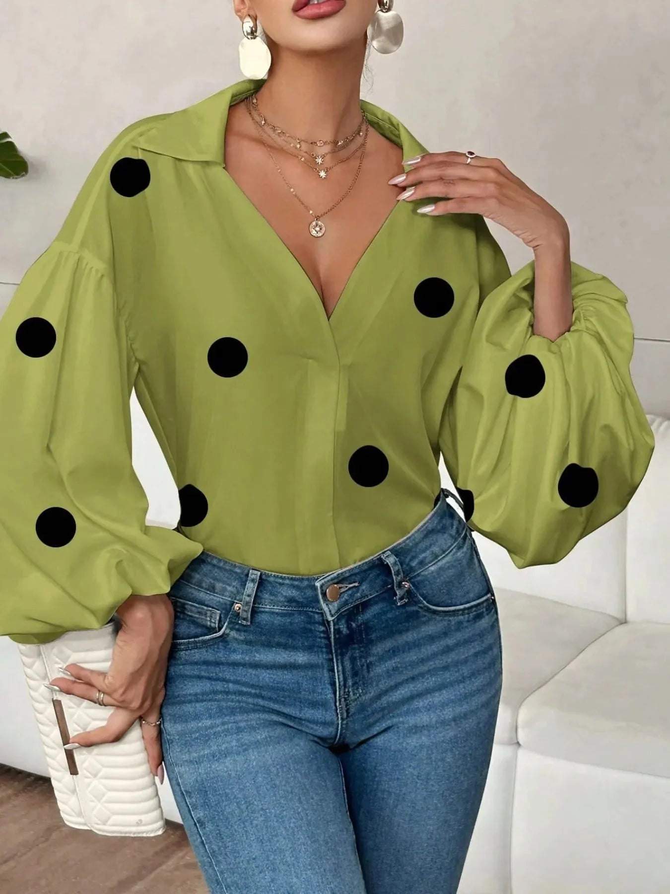 Oversized Polka Dot Balloon Sleeve Blouse