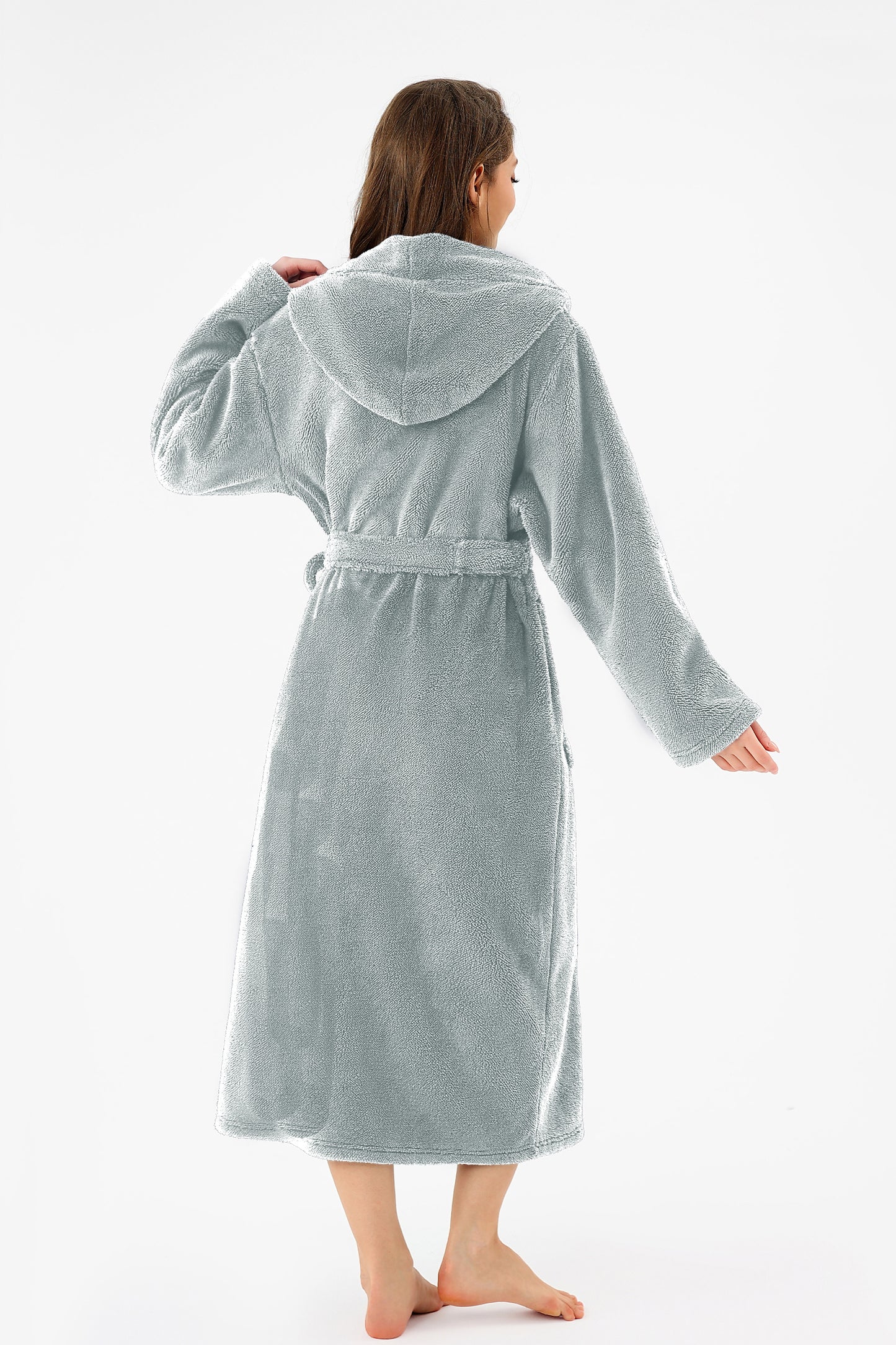RONGTAI Womens Hooded Robe Long Plush Fleece Bathrobe With Pockets Nightwear S-XXL
