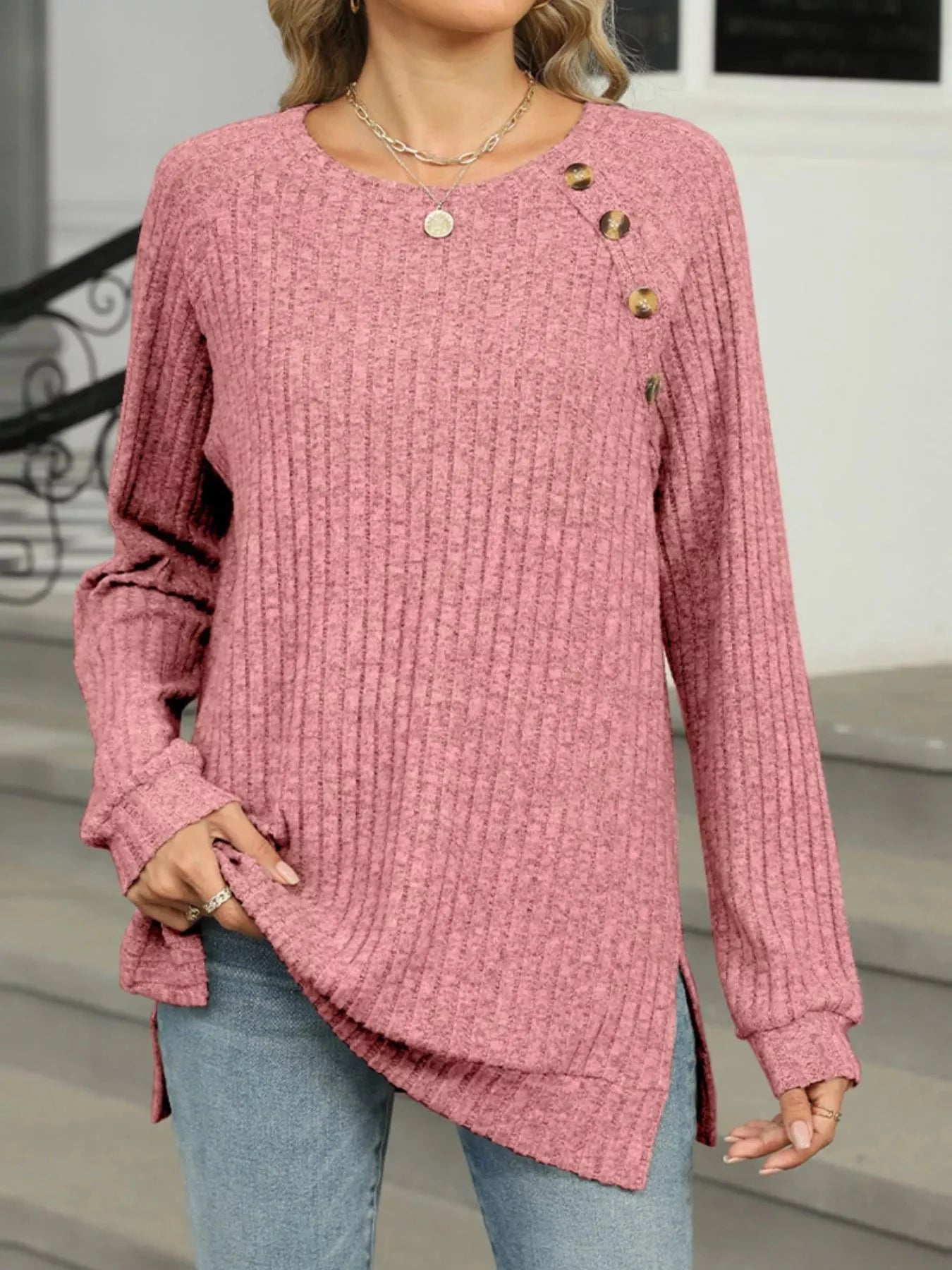 Cozy Chic Ribbed Button Detail Long Sleeve Tunic