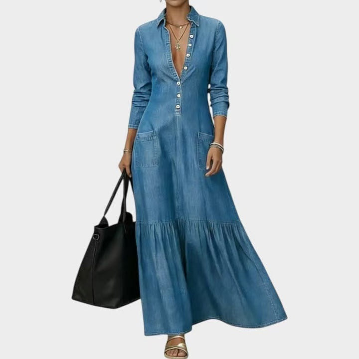 Street-style Vintage-collar Chic Denim High-end And Fashionable Fitted-waist Maxi Dress