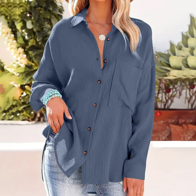 Women's Solid Color V-Neck Long Sleeve Blouse - Textured Button-Up Shirt, Casual & Minimalist Top For Spring&Fall