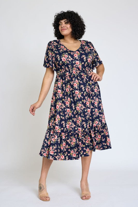 PLUS Floral Angel Sleeve Midi Dress