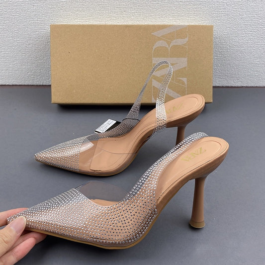 Natural Color Shiny Ornament Rhinestone Pointed Toe Low-cut High Heels