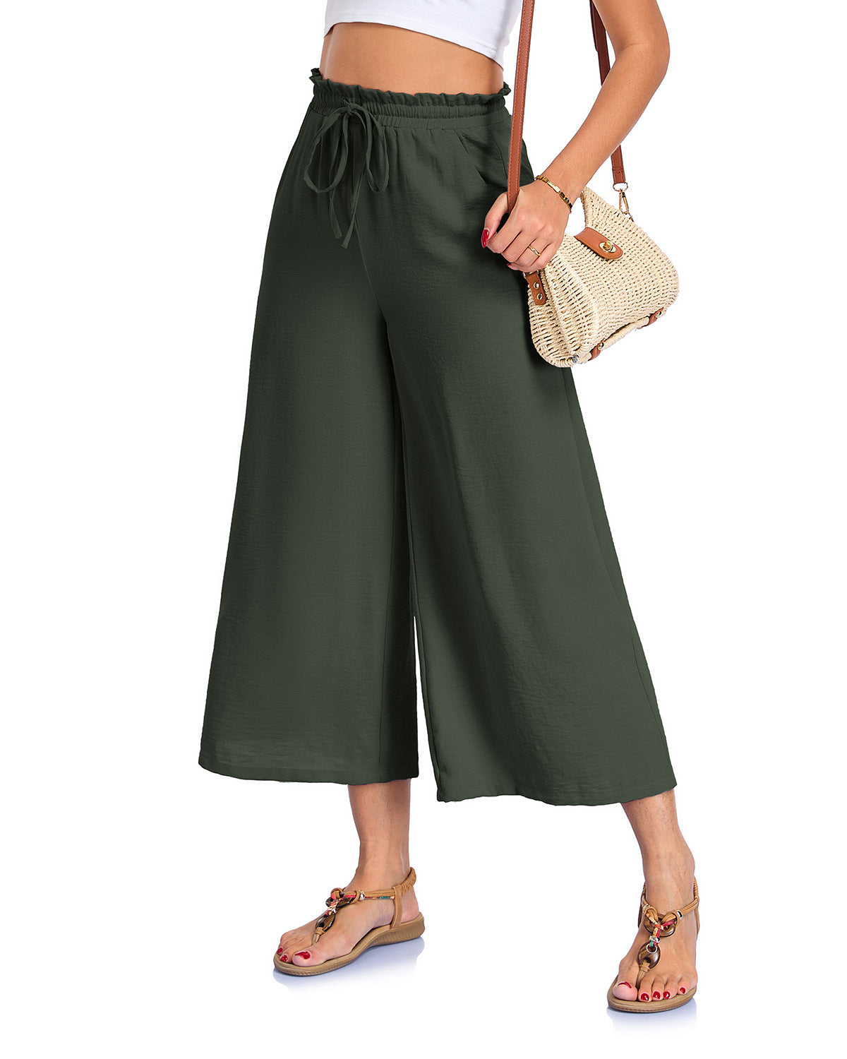 Fashionable Loose-fitting Capri Wide-leg Pants With Pockets And An Elastic Waistband