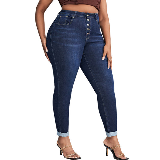 European And American Plus-Size Extra-Fit Tight Cropped Denim Jeans