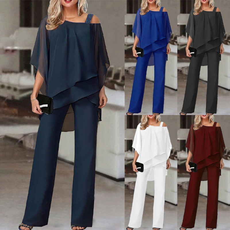 Solid Loose Irregular Suits Batwing Sleeve Top And Straight Trousers Set