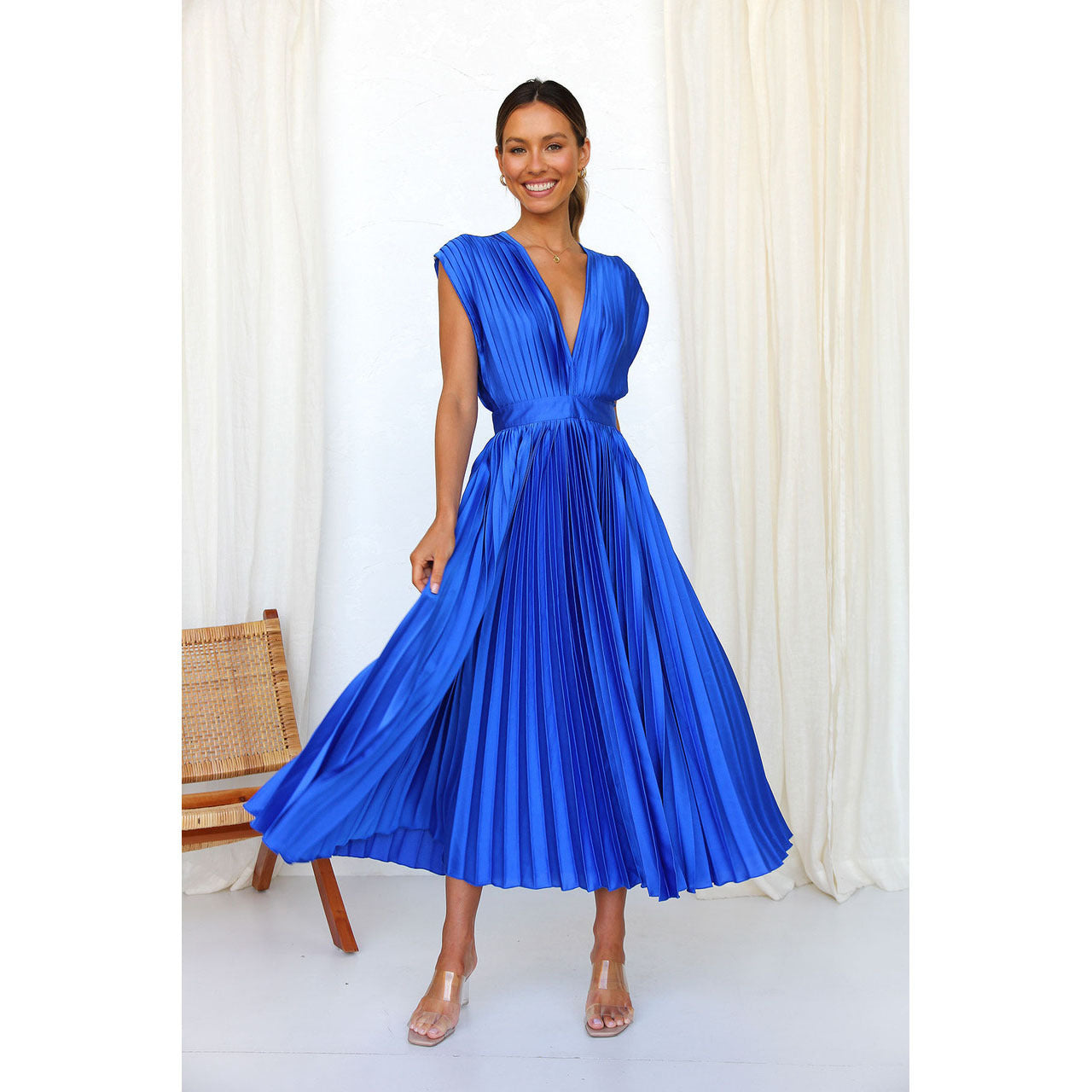 Elegant Pleated Casual Loose Zip Sleeveless Dress